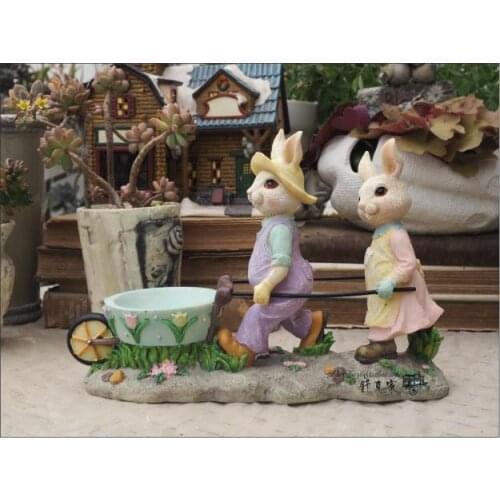 Retro Two Rabbit Cart Multi Meat Planter Garden Terrace Resin Decorative Desktop Decoration