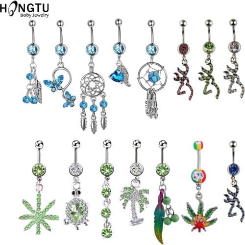 HONGTU 1PC Crystal Dangling Navel Belly Button Rings Sexy Belly Piercing Bar Surgical Steel 14G Woman Body Jewelry Barbell Gifts