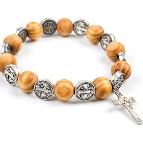 KOMi Natural Solid Wood Elastic Wire Alloy Saint Religious Rosary Bracelet Men Women Catholic Jesus Christ Jewelry Pulsera R-372