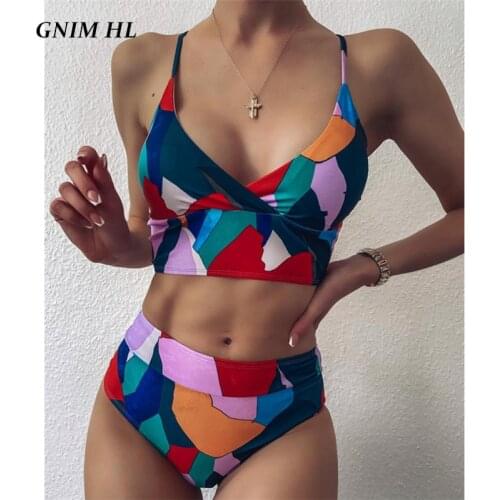 GNIM Sexy V Neck Swimwear Women Push Up Stitching Color High Waist Swimsuit Bikini Mujer 2020 Summer High Cut Swim Bathing Suit