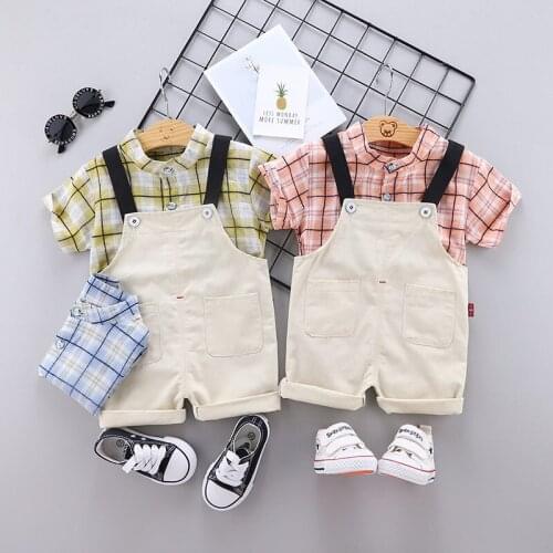 Summer Baby Clothes Suit Children Boys plaid Pattern Shirt Overalls 2Pcs/sets Toddler Formal Clothing Infant Kids Tracksuits set