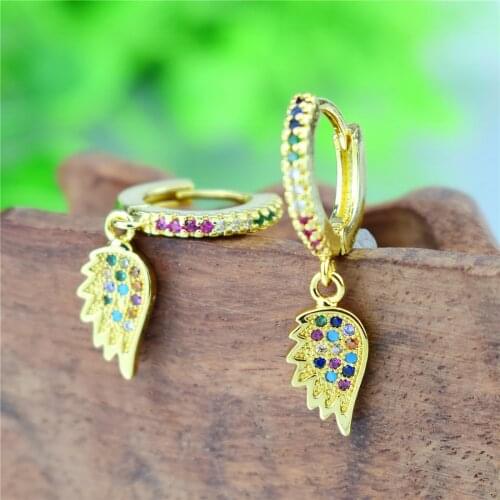 Fashion Jewelry Gold Color Rainbow Zircon CZ Stone Fairy Angel Wings Dangle Earrings for Women