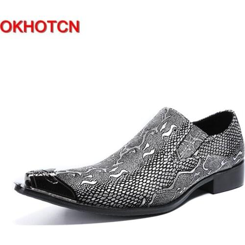 OKHOTCN New arrival hot sale man formal shoes genuine leather metal point Python texture man business dress party wedding shoes