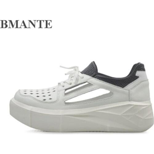 Bmante Genuine Leather Men Shoes Summer Mesh Hollow Lace-Up Thick Bottom Sponge Boat Shoes Trainers Gothic Owen Male Sneaker