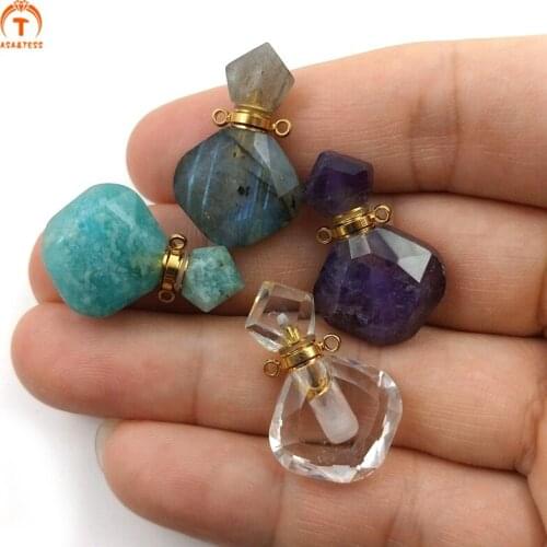 Natural Gems-Stone Perfume bottle Gold-Eletroplated Urn Crystal Amethysts Amzonite Vial Prismatic Pendant For Women Necklace DIY