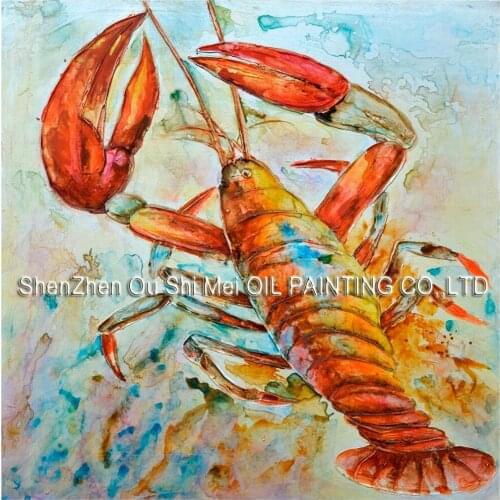 Lobster Water Colour Animal Wall Art Handmade Oil Painting on Canvas Big Size Seafood Shrimp Room or Kitchen Decoration