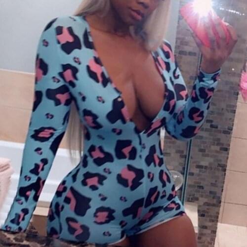 Pyjamas Women Sleepwear Leopard Long Sleeve Short Jumpsuit Sexy Pajamas For Adults Nightwear Lingerie Plus Size