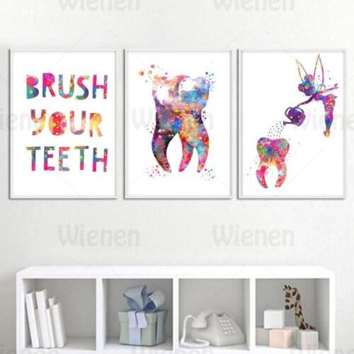 Nordic Poster Watercolor Painting Dental Poster Brush Your Teeth Quotes Tooth Fairy Canvas Painting Wall Art Print Bathroom Deco