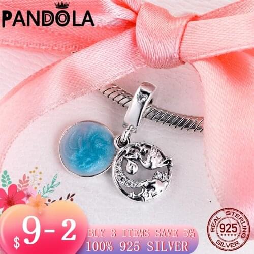 Sale 925 Sterling Silver Stork & Twinkling Stars Dangle Charms fit Original Pandora Charms Bracelet S925 Silver Jewelry Gift
