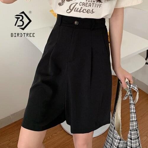 Summer Womens Korean Hk Style Plus Size Solid Wide Leg Suit Shorts Office Loose High Waist Black All-match Shorts Lady B18579X