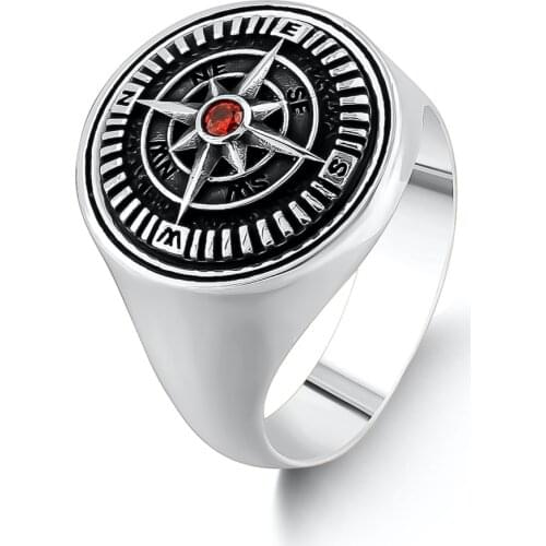 Signet Compass Ring with Mini Red Zircon Gemstone Silver Men Ring Silver Women Ring Gifts for Him Gifts for Her