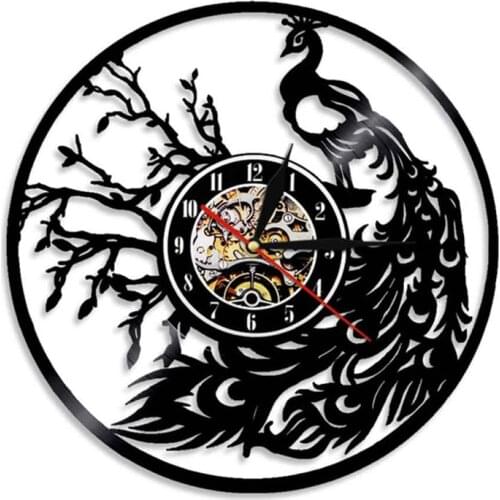 Proud Bird Peacock With Feather Out Wall Art Modern Wall Clock Whimsical Vinyl Record Wall Clock Retro Decorative Wall Watch