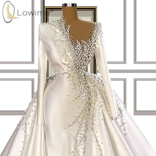 Full Sleeves Mermaid Wedding Dresses with Detachable Train Pearls Beads Satin Bridal Gowns Vestidos De Novias
