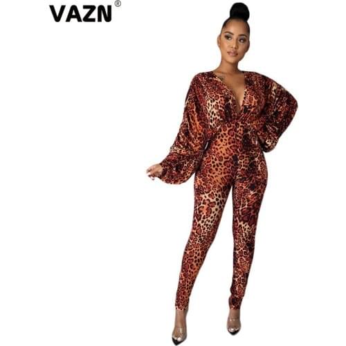VAZN 2020 Top Quality Upsurge Leopard Sexy Young Sweet Deep V-Neck Full Sleeve Backless Women High Waist Skinny Jumpsuits