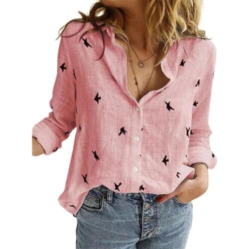 Women Shirt Single Breasted Turn-down Collar Skin-friendly Long Sleeve Birds Print Loose Blouse Female Clothing For Daily Life