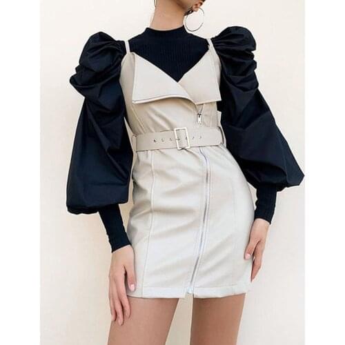 Chic Women Pullover Sweater Autumn Fashion Puff Sleeve Stretch Knit Body Patched Poplin Sleeve Modern Lady Ruffles Tops 2020 NEW