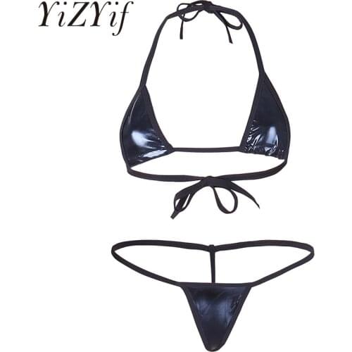 Women Lingerie thong bikini sexy bikini set Patent Leather Halter Bikini Top with G-string Bottoms Underwear bathing suit women