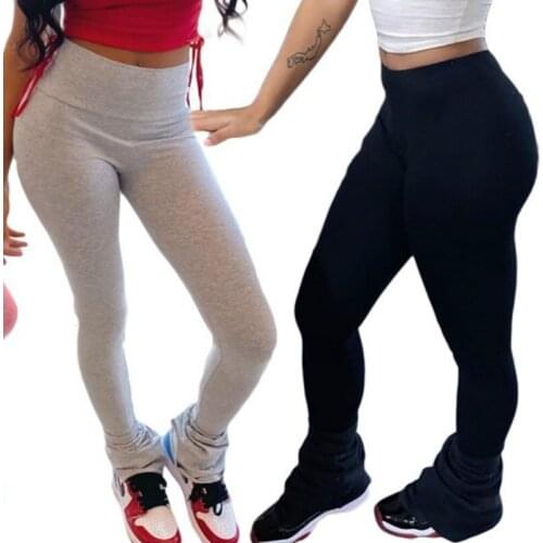 2020 Elastic Stacked Leggings Women High Waist Stacked Joggers Sweatpants Workout Leggings Bell Split Flare Sweat Pants Women