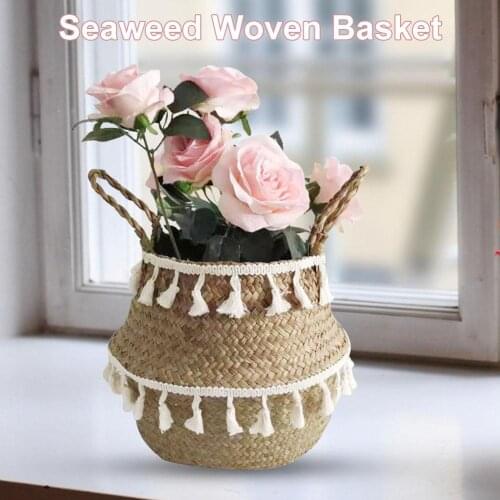 Handmade Bamboo Storage Baskets White Tassel Macrame Seagrass Wicker Basket Garden Flower Pot Laundry Basket Container Holder