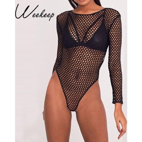 Weekeep 2017 New Sexy Hollow Out Mesh Bodysuits Black Backless Long Sleeve Bodysuit Women Beach Wear Rompers Womens Jumpsuit