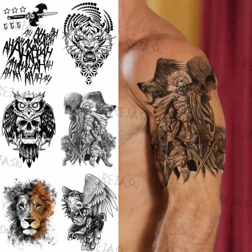 Black Eagle Skull Warrior Temporary Tattoos For Men Women Fake Eagle Lion Skull Tatoos Halloween Waterproof Tattoo Stickers