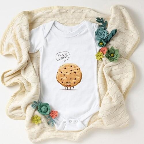 Funny Biscuit Print Creative Toddler Bodysuit Cartoon Design Newborn Clothes Baby Girl Boy Short Sleeve Jumpsuits Twin Babies