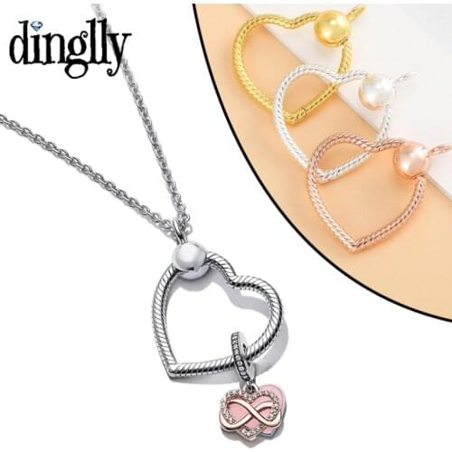 Dinglly 2021 New 3 Color Heart Pendant Necklace Fit Beads Charms Pendant Necklace Women Men Jewelry Boy Girls Lovers Gifts