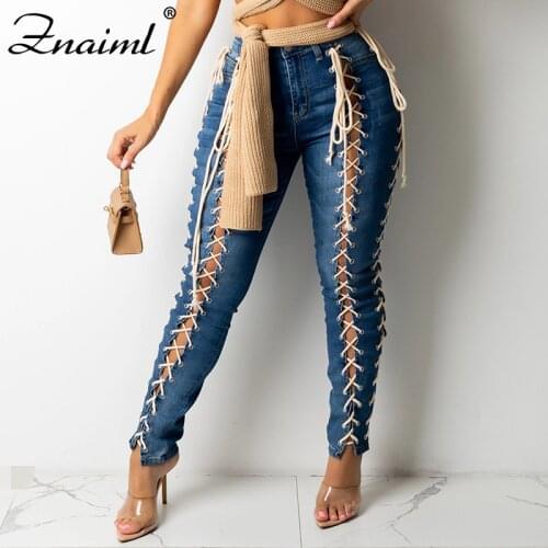 Znaiml Pencil Denim Pants Female Side Bandage Jeans Vintage Long Trousers Women Slit Lace Up Jeans High Waist Fashion Street