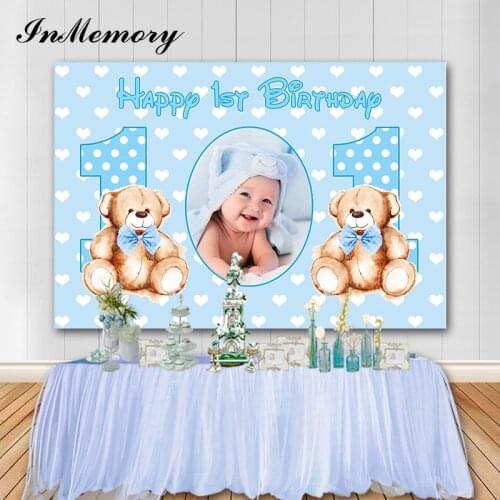Inmemory Boy 1st Birthday Photography Background Customize Child Photo Bear Baby Blue Theme Party Photo Backdrop Vinyl Photocall