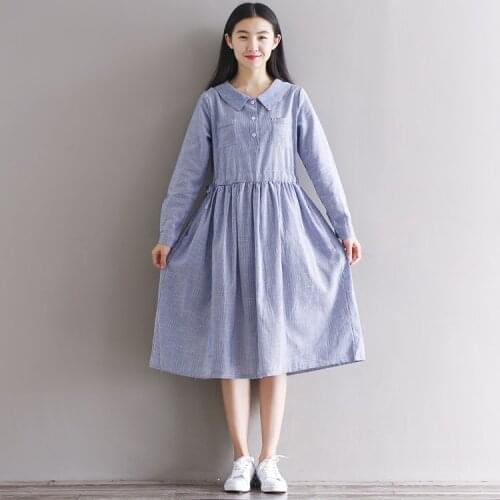 Spring autumn beige blue cotton linen dress new fashion long sleeve casual striped dress vestidos