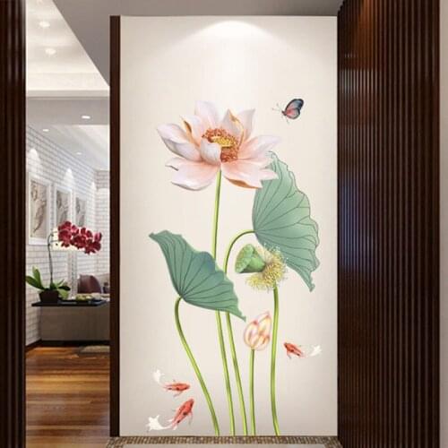 Chinese Style Lotus Wall Stickers TV Sofa Living Room Background Decoration Aesthetic Self Adhesive Wallpaper Mural Art Decals