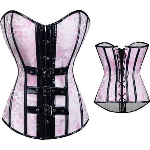 Steampunk Corset Gothic Women Sexy Jacquard Clothes Plastic Boned Buckled Bustier Burlesque Overbust Lace Up Lingerie Shapewear