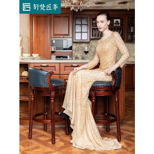 American Style Leather Bar Chair Solid Wood Household High Stool European Style Revolving Bar Armchair Retro Island Table Bar