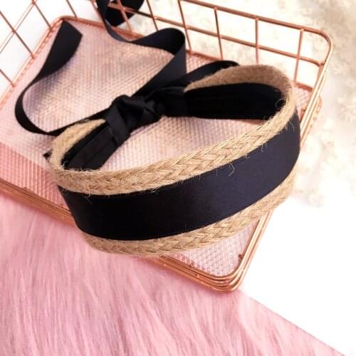 Straw Weave Black Ribbon Headband Hand Made Tie Knot Hair Accessories For Girls Hair Bows Hair Band Headbands For Women