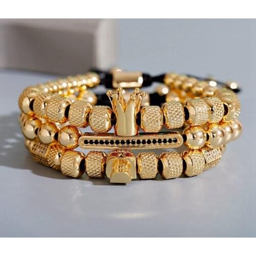 2020 Luxury Crown Bracelet Set Men Fashion Skull Strip Gold Copper Beads Bracelets&Bangles Pulseira Masculina