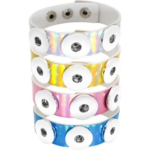 New Beauty Colorful Reflective Leather snap bracelets 19cm fit 18mm snap buttons snap jewelry wholesale SE0202