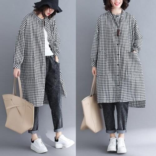 Make cotton and linen single-breasted plaid shirt fall loose collar long sleeve pocket (limit