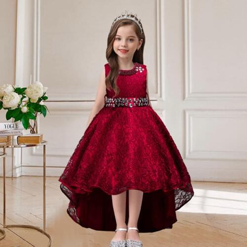 3-14T flower girl Trailing wedding dresses Girl high quality Pearl Bright drill Tutu dress Lace Princess long dress Party