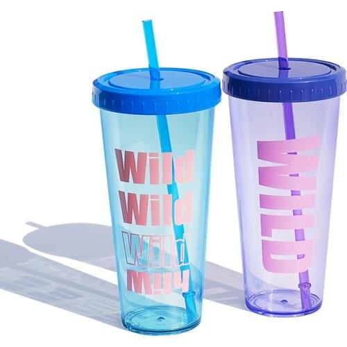 Portable Cup Stylish Double Letter Straw Summer Cold Drink Juice Coffee Water Cup Boys Girls Plastic Cups Novelty Gift