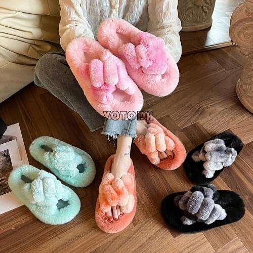 Fashion Women Warm Fluffy Slippers Cozy Faux Fur Cross Indoor Floor Slides Flat Soft Furry Ladies Casual Celebrities Flip Flops