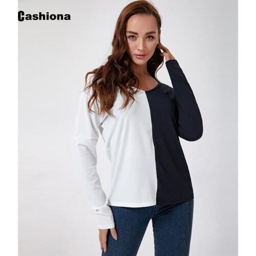 Cashiona Plus size Women Elegant Leisure Casual T-shirt New Patchwork V-neck Long Sleeve Womens Top 2021 Spring Tee shirt Femme