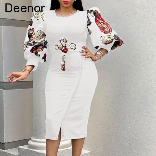 Deenor Bodycon Dresses for Women 2021 Elegant Lantern Sleeve Summer Dress Floral Print Evening Party Dress African Ladies Dress