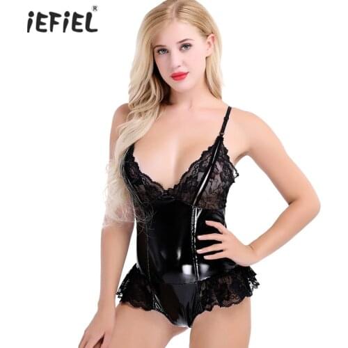 Women Sexy Latex Catsuit Bodysuit Patent Leather Nightclub Latex Lingerie Dress Sexy Lace Crossdressers Sissy Bodysuit Underwear