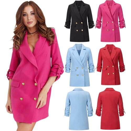 Autumn Womens Jacket Double Breasted Button Loose Casual Style Full Sleeve Office Lady Long Jaqueta Winter Female Blazer C2987