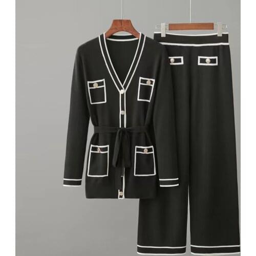 New Women V-Neck Long Sleeve Contrast Colors Lace Up Single-Breasted Knitted Cardigan Coat + Casual Straight Pants 2 Piece Sets