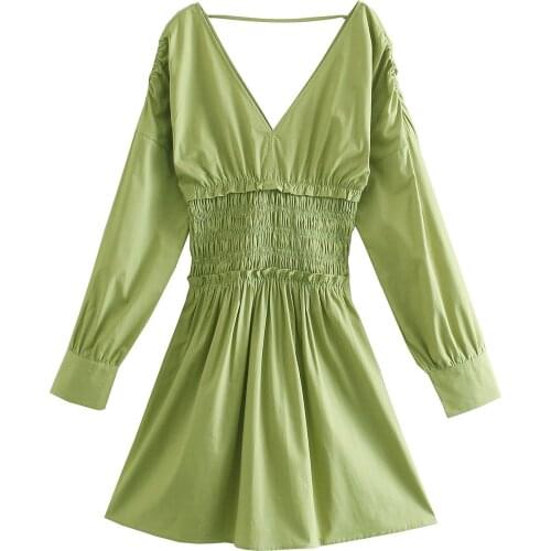 Summer Womens Fashion V-neck Elastic Waist Long Sleeve Short Dress Avocado Green Sexy Skirt