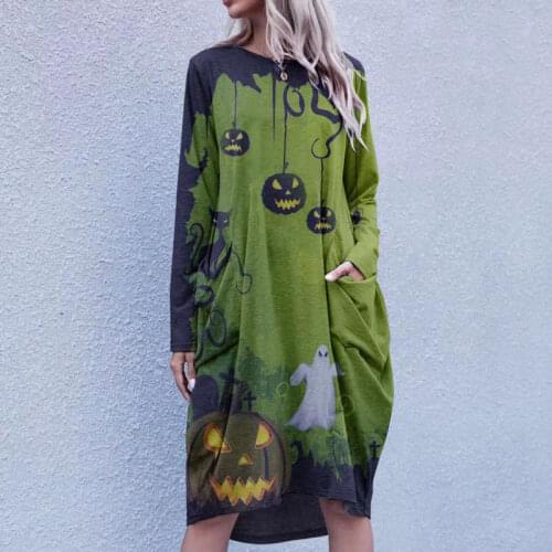 2021 Womens New Fashion Pumpkin Print Round Neck Long Sleeve Pocket Dress Retro Ladies Autumn Halloween Loose A-line Dress