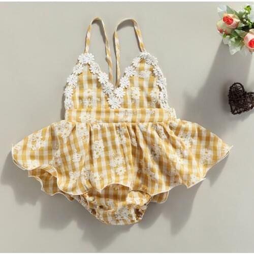 2021Baby Girls Halter Romper Sleeveless Backless Plaid Floral Print Bodysuit Tutu Cotton Dress Clothes