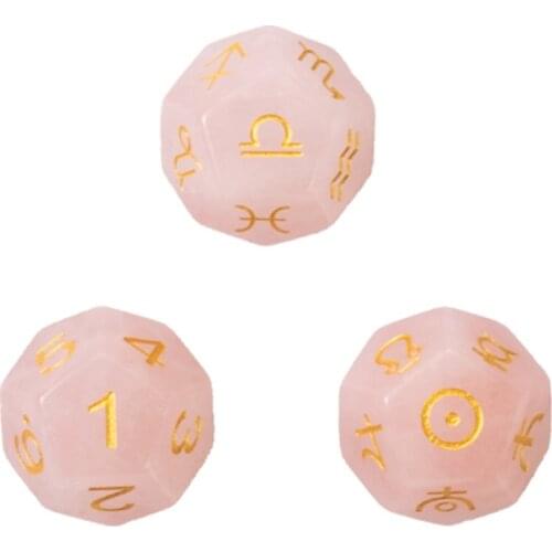 3pcs/set Natural Rose Quartz Astrology Zodiac Sign Dice Magic Constellation Symbol Divination Dice Handmade Gmestone Dice Toys