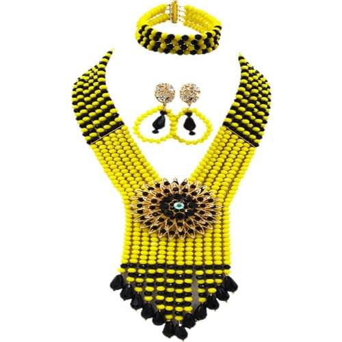 Black and Opaque Yellow African Beads Jewelry Set Crystal Necklace Bracelet Earrings Nigerian Wedding Party Accessories 6SDLS07